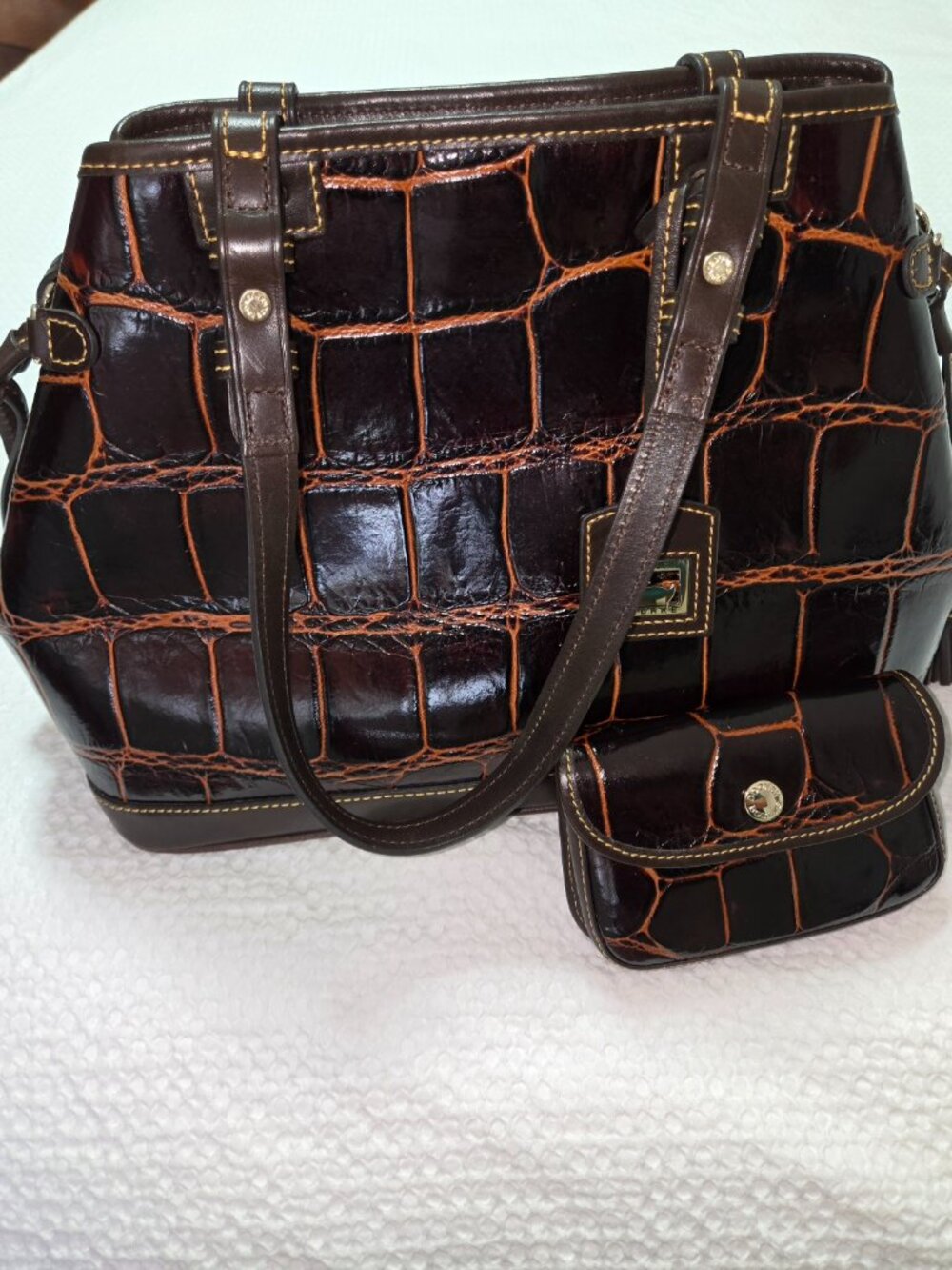 Dooney & Bourke Croco Patent Leather Tote Brown NWOT Coin Purse Large - Picture 6 of 15